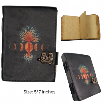 Handmade Leather Journal with Moon Phase & Tree Design – Lockable 5x7 Notebook