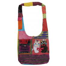 Double Cat Embroidered Cotton Hobo Bag