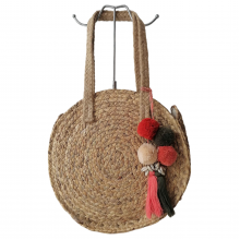Boho Round Woven Natural Straw Bag - Handmade Tote with Pom Pom Charm