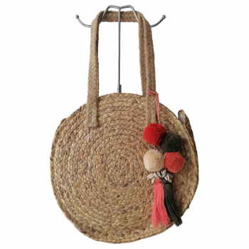 Boho Round Woven Natural Straw Bag - Handmade Tote with Pom Pom Charm